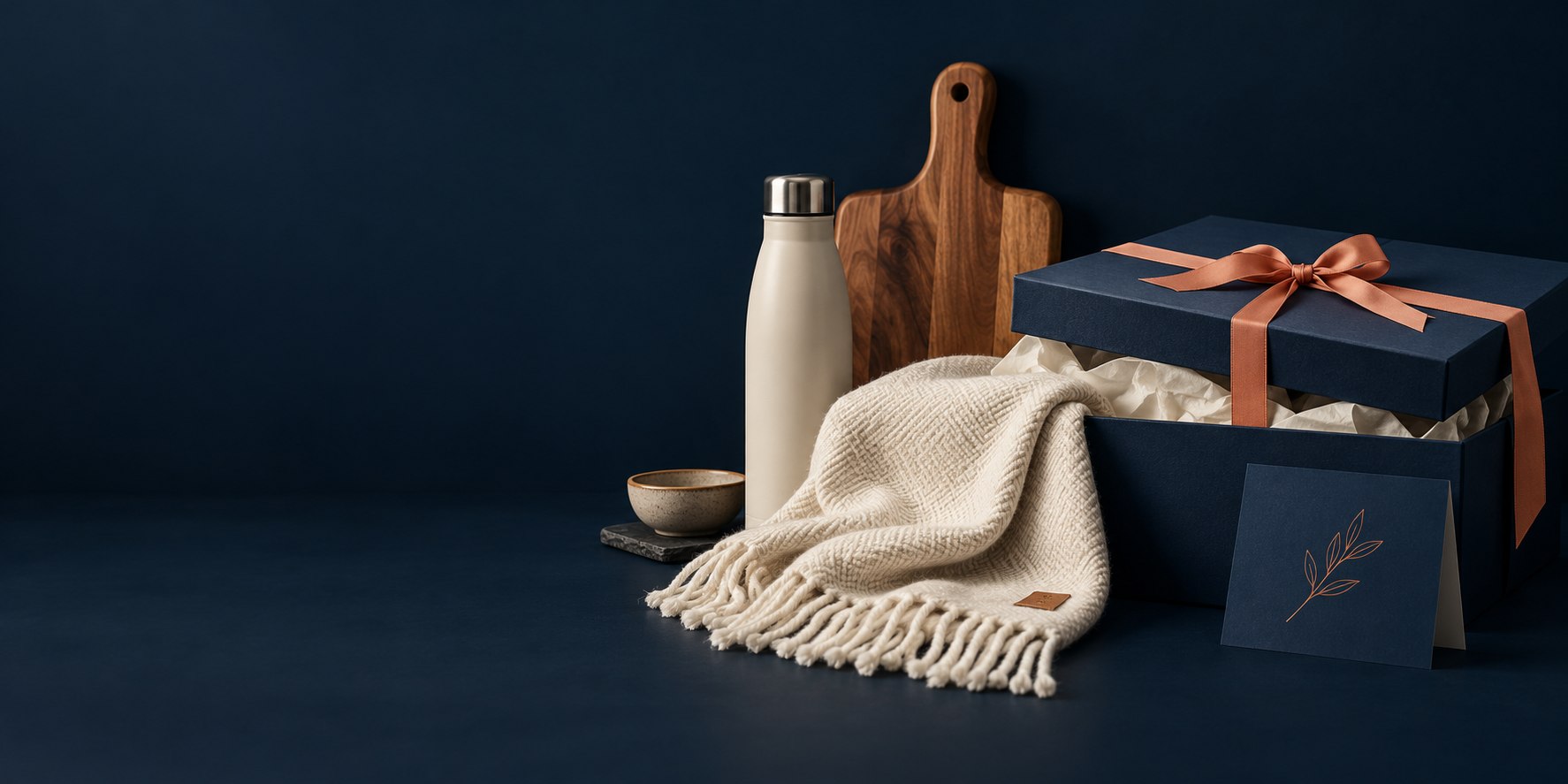 Presentask, pläd och utvalda gåvor i marin, beige och korall