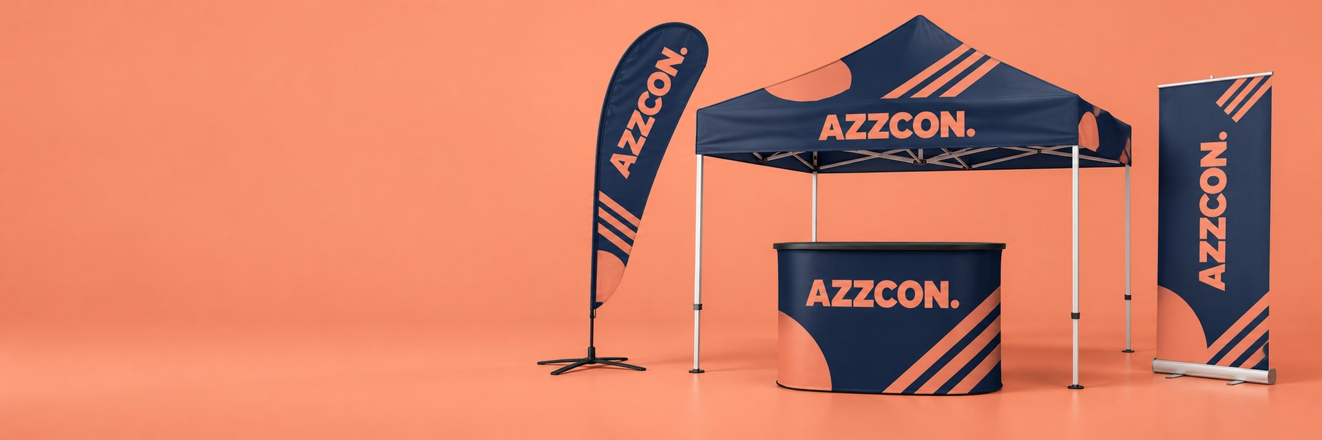 Eventtält, rollup, beachflagga och mässbord med Azzcons profil