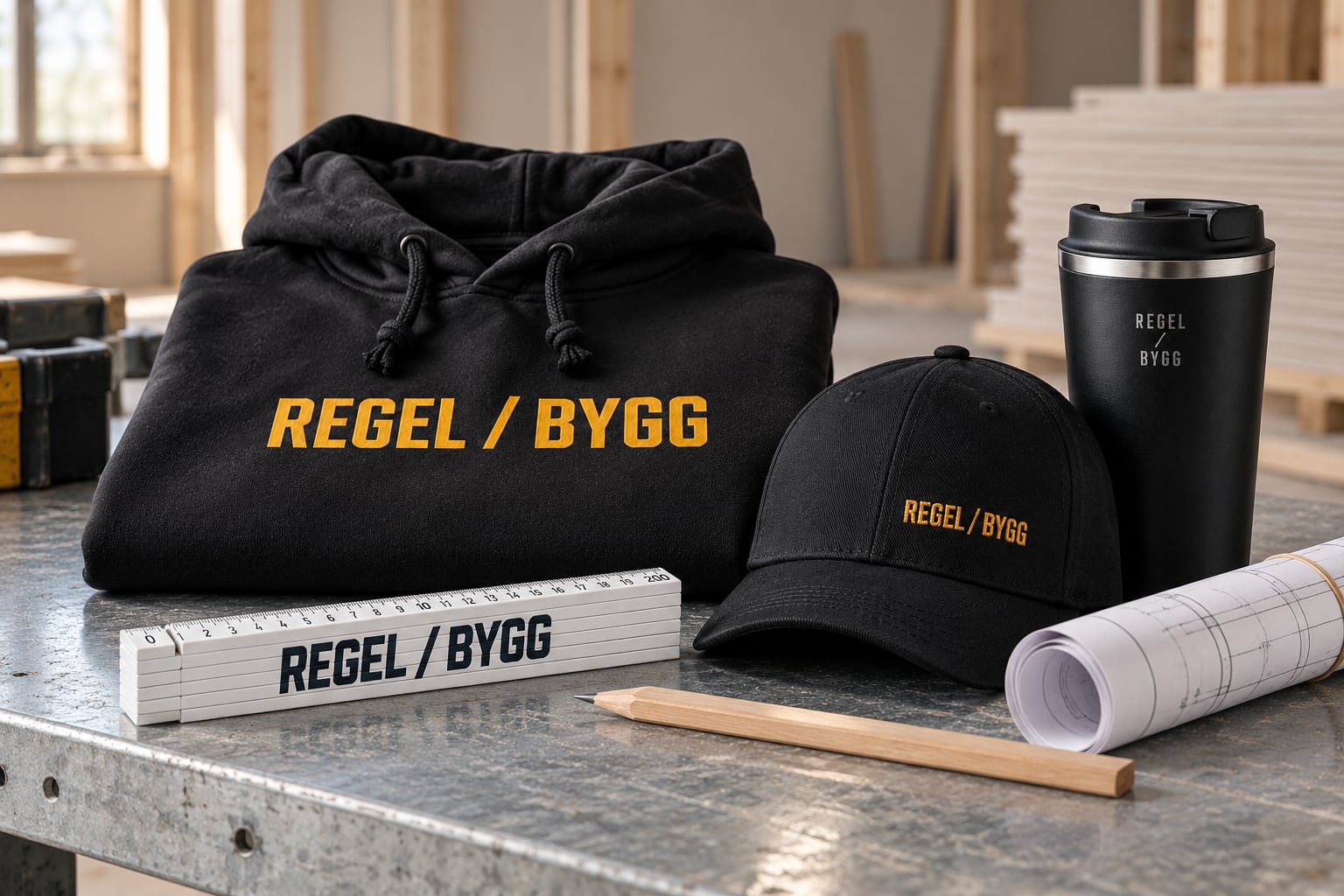 Svarta profilplagg, keps, tumstock och termosmugg med den fiktiva byggprofilen REGEL / BYGG på en arbetsbänk