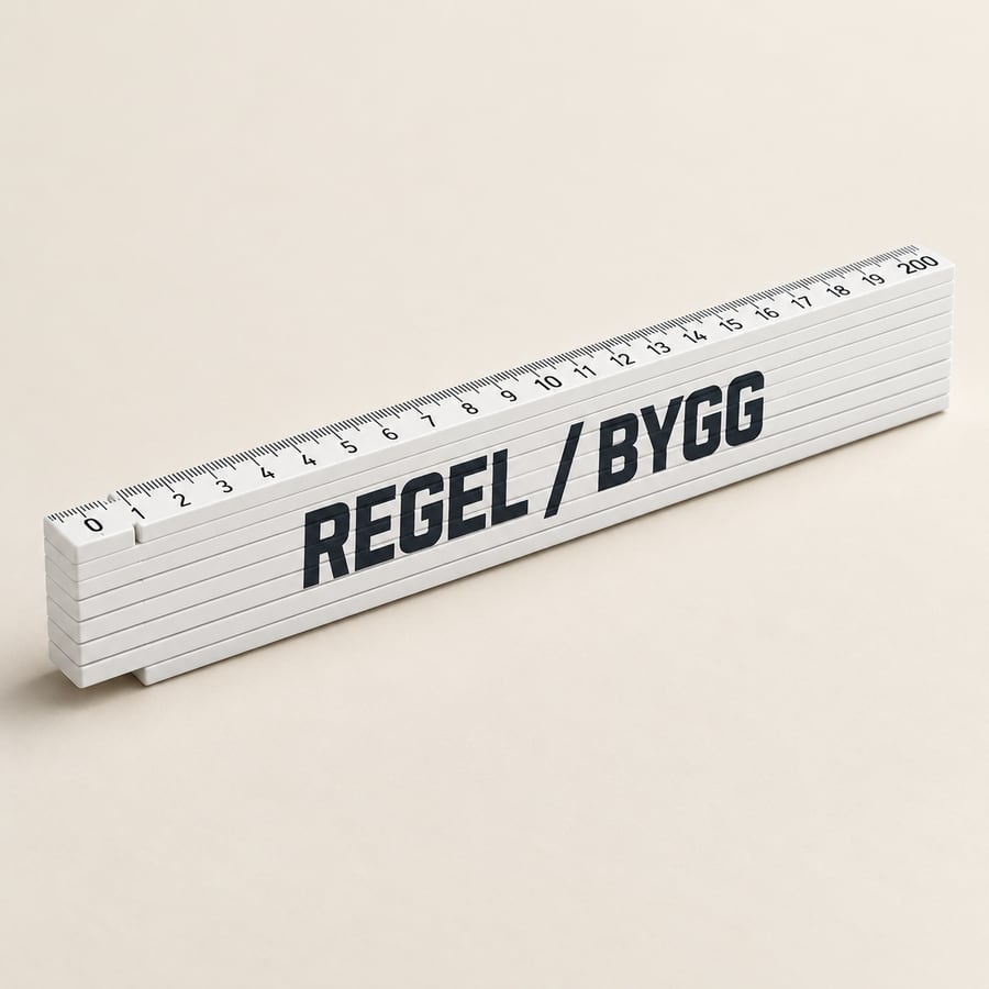Vit hopfälld tumstock med mörk REGEL / BYGG-logotyp