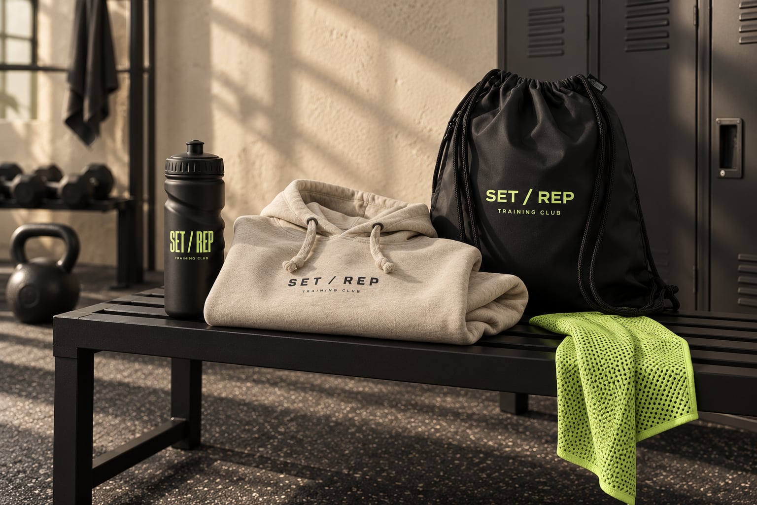 Flaska, hoodie och gympåse med det fiktiva gymmet SET / REPs profil på en träningsbänk