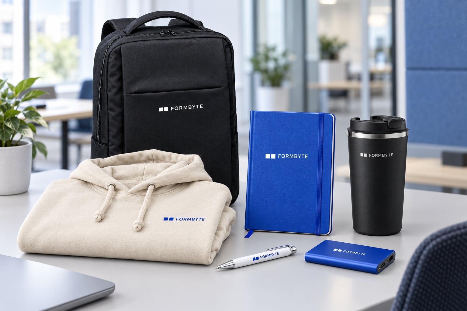 Välkomstpaket med datorryggsäck, blå anteckningsbok, hoodie och teknik med den fiktiva profilen FORMBYTE