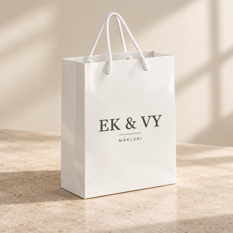 Vit papperskasse med snörhandtag och olivgrönt EK & VY-tryck