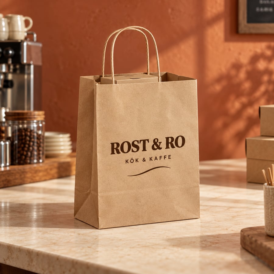 Naturfärgad papperskasse med mörkbrunt ROST & RO-tryck