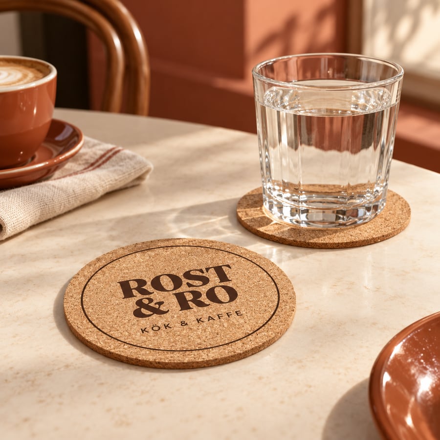 Runda glasunderlägg i kork med ROST & RO-tryck på ett cafébord