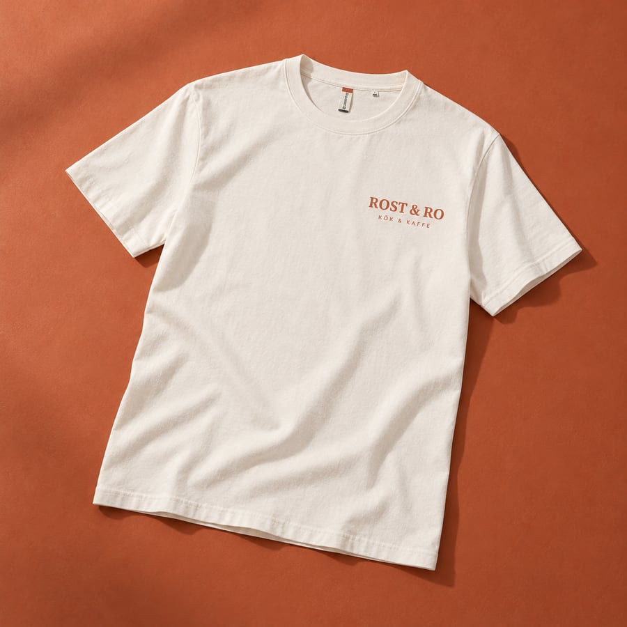 Offwhite t-shirt med ROST & RO-tryck på vänster bröst