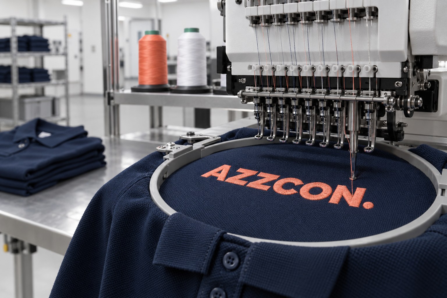 Illustration av en brodyrmaskin som syr en korallfärgad Azzcon-logotyp på marinblå textil