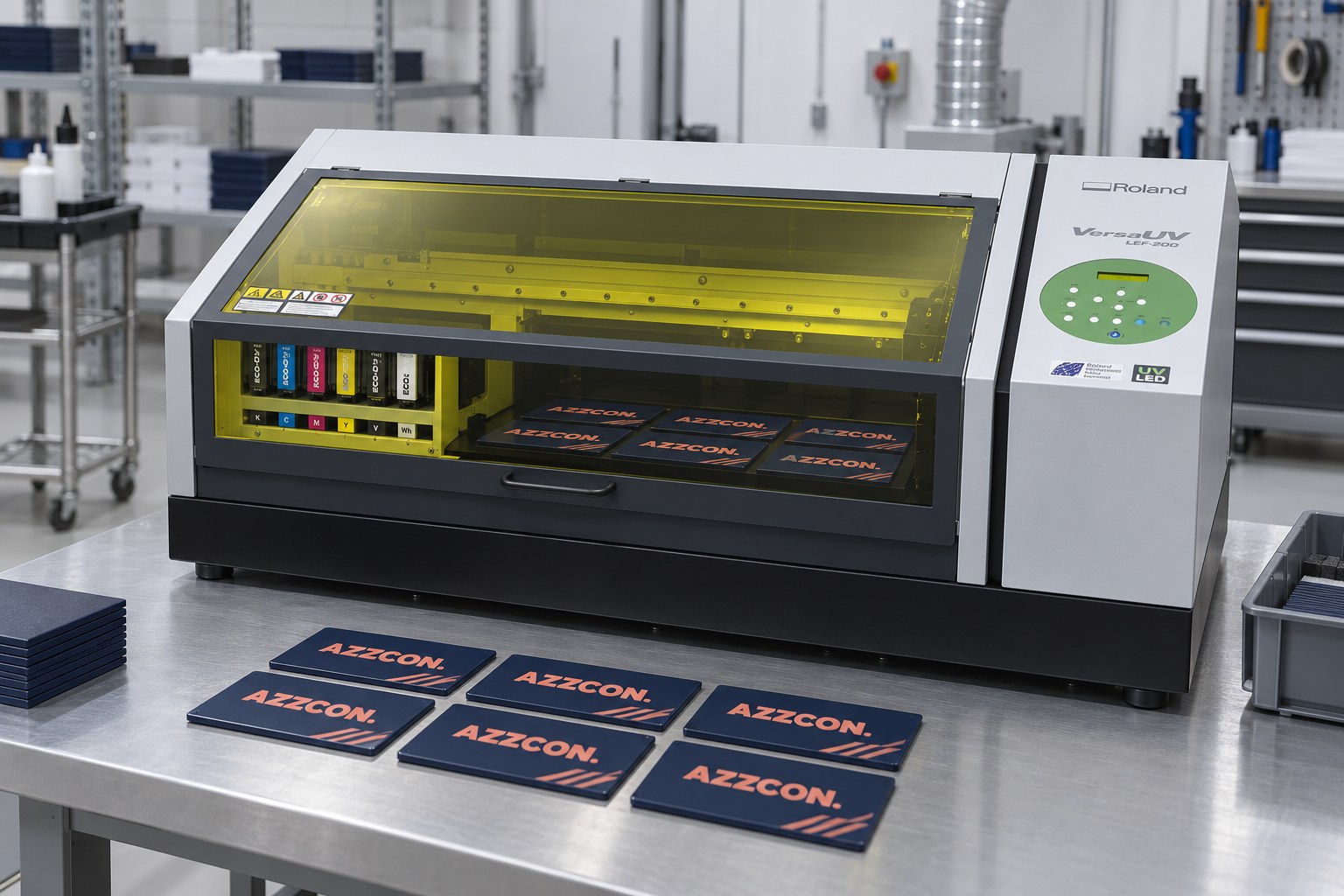 Illustration av en Roland VersaUV LEF-printer med AZZCON-profilerade skyltar i en ren industrimiljö