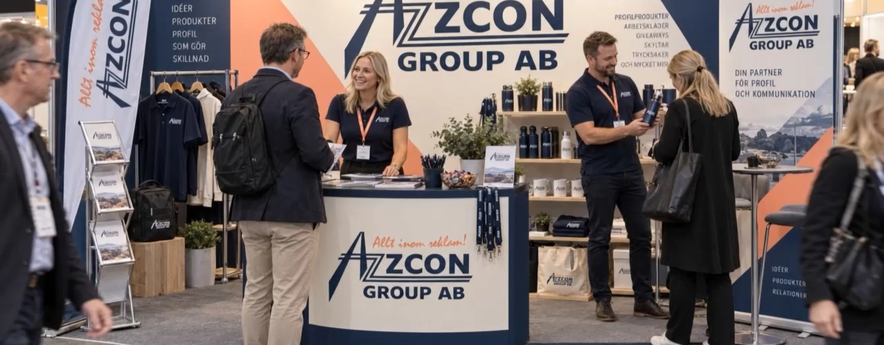 Azzcon-profilerad mässmonter med kläder, väskor och andra profilprodukter